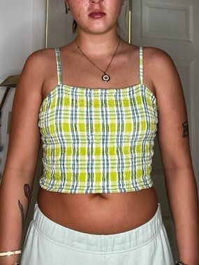 Vintage Green Plaid Cropped Tank Top - Lightweight Women’s Summer Top